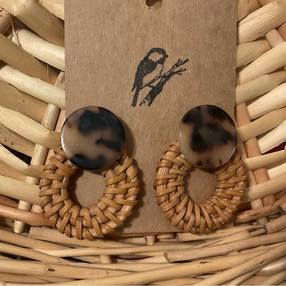 Tortoise Shell and Woven Hoop Earrings